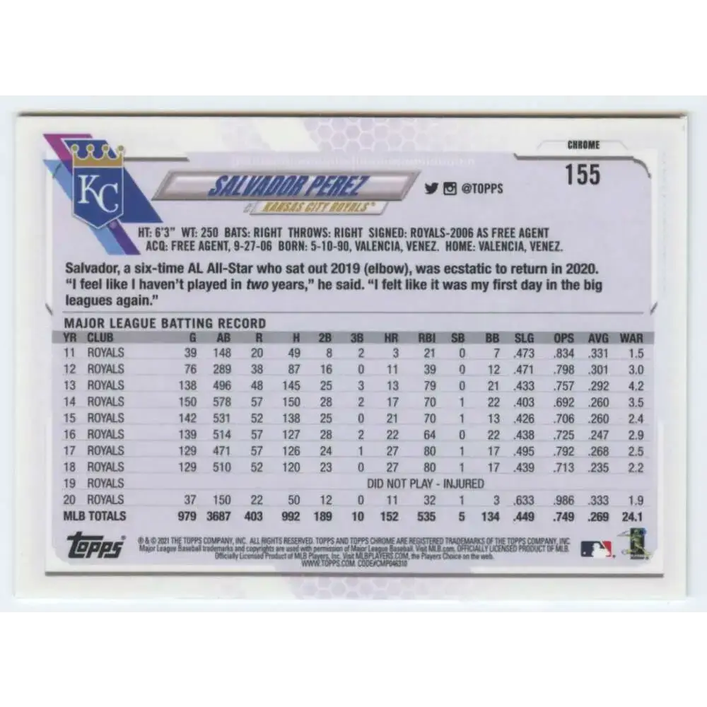 2021 Topps Chrome #155 Salvador Perez NM-MT Kansas City Royals Baseball Card - Baseball Card Single