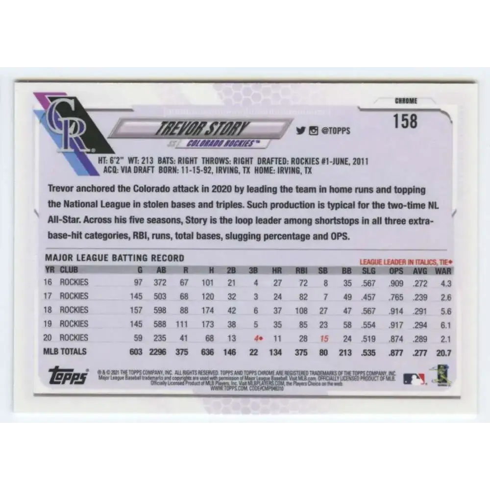 2021 Topps Chrome #158 Trevor Story NM-MT Colorado Rockies Baseball Card - Baseball Card Single
