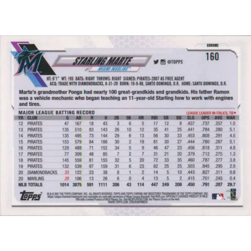 2021 Topps Chrome #160 Starling Marte NM-MT Miami Marlins Baseball Card - Baseball Card Single