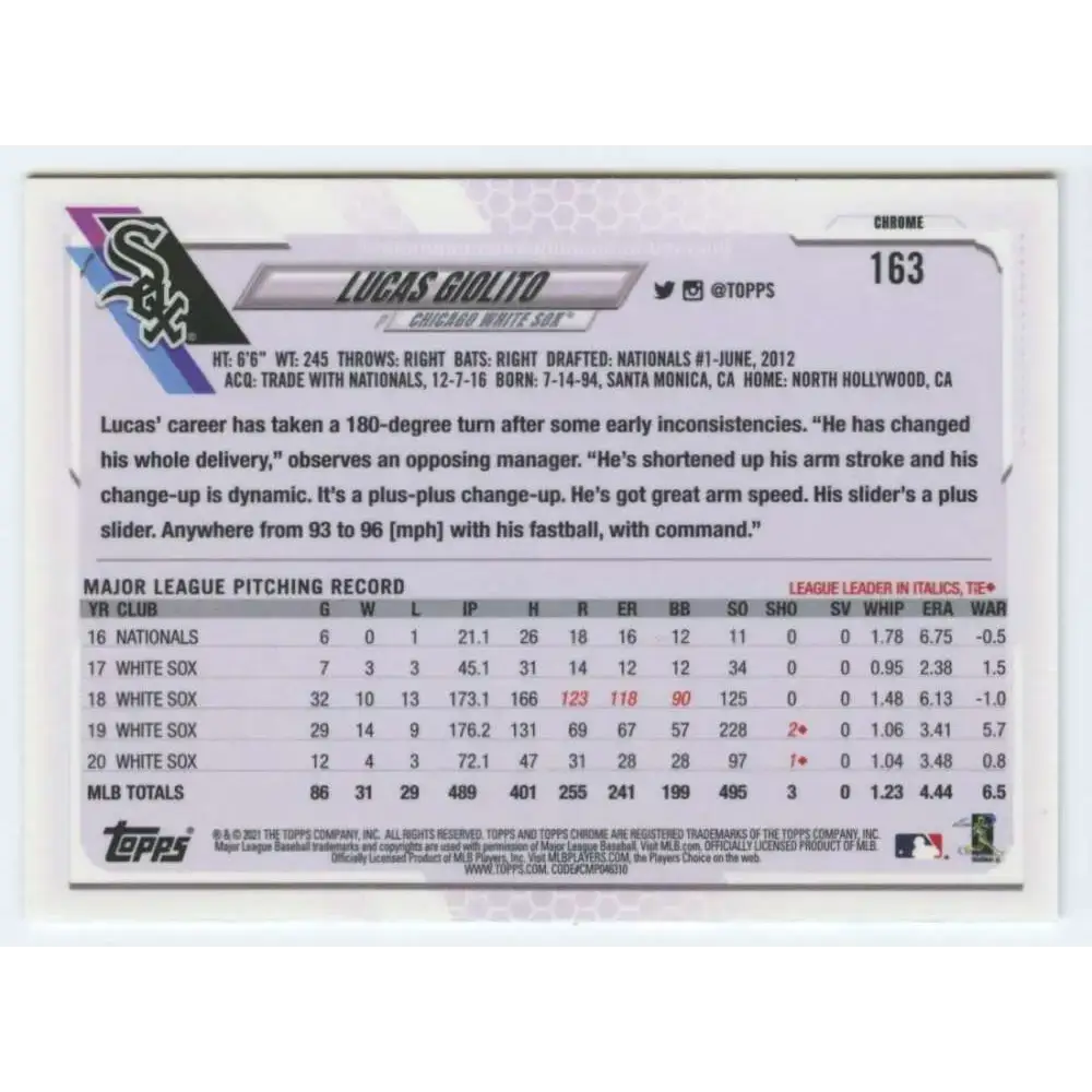 2021 Topps Chrome #163 Lucas Giolito NM-MT Chicago White Sox Baseball Card - Baseball Card Single