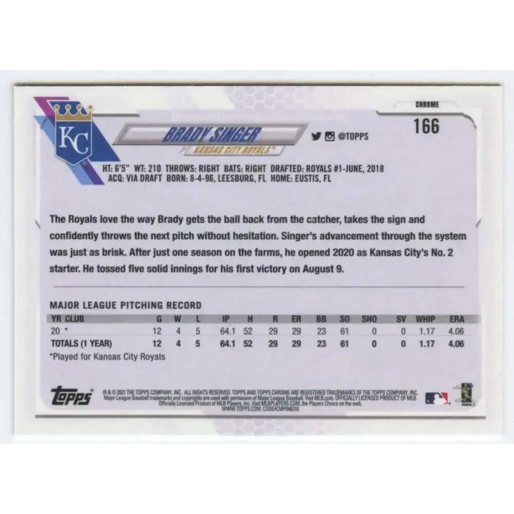 2021 Topps Chrome #166 Brady Singer NM-MT RC Rookie Kansas City Royals Baseball Card - Baseball Card Single