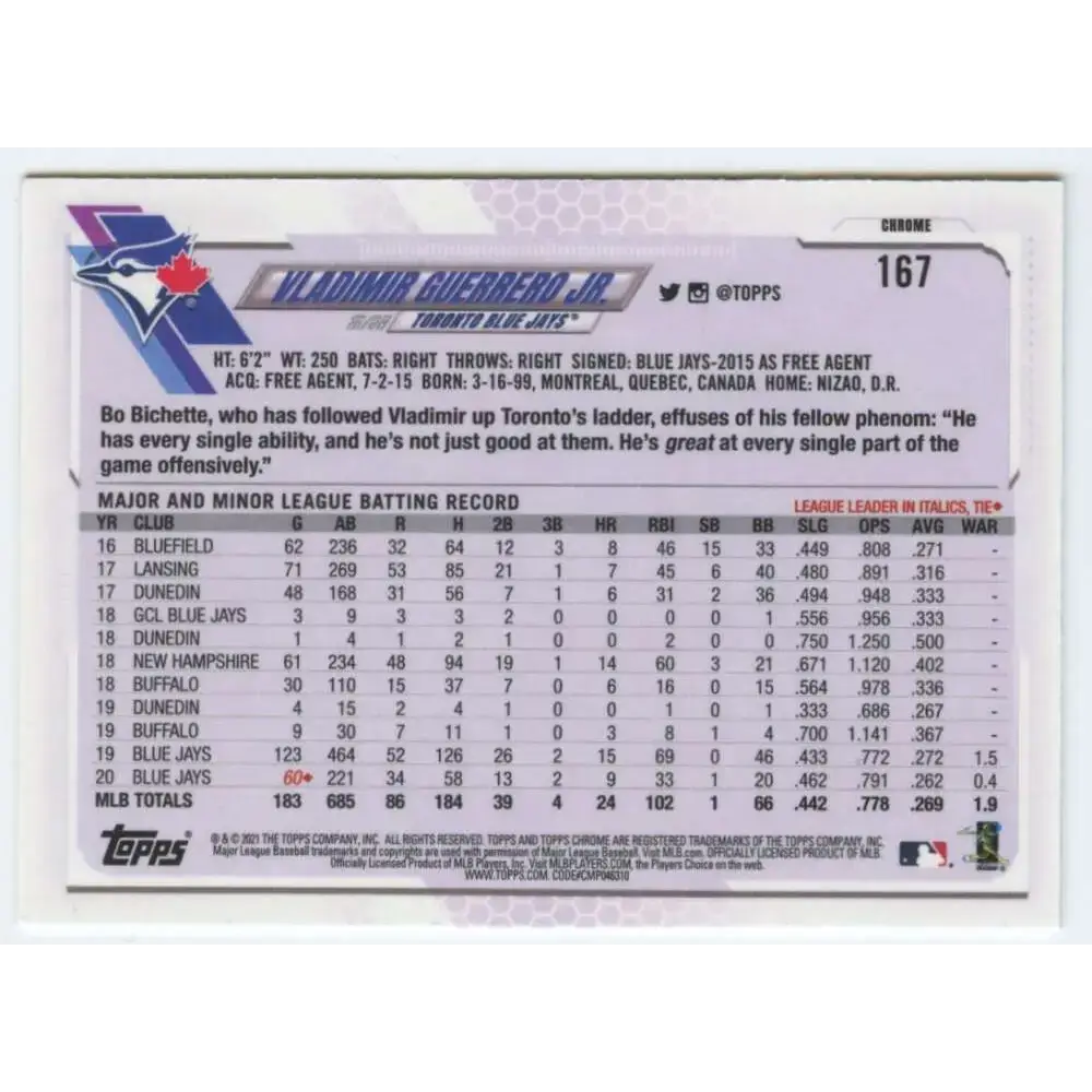 2021 Topps Chrome #167 Vladimir Guerrero Jr. NM-MT Toronto Blue Jays Baseball Card - Baseball Card Single
