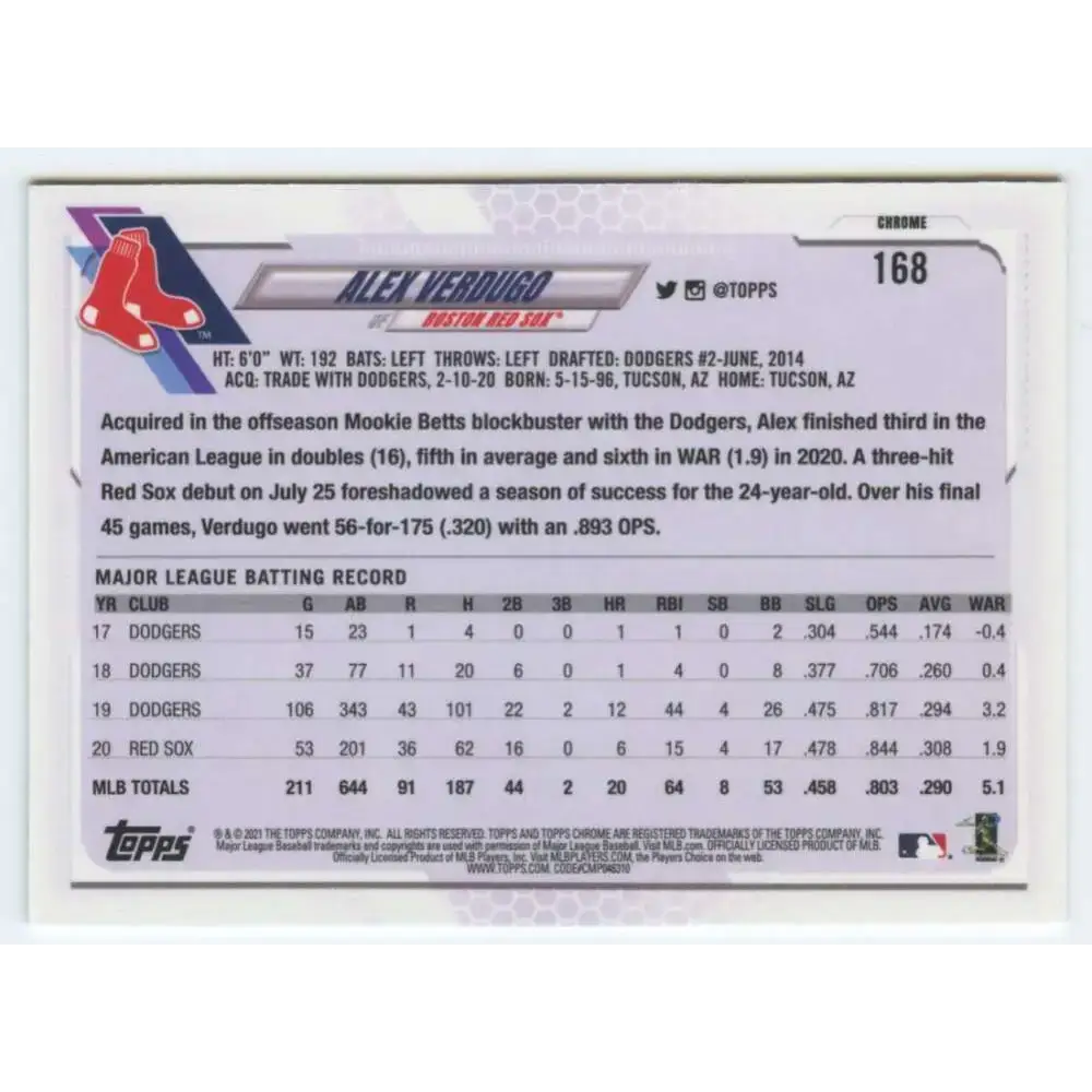 2021 Topps Chrome #168 Alex Verdugo NM-MT Boston Red Sox Baseball Card - Baseball Card Single