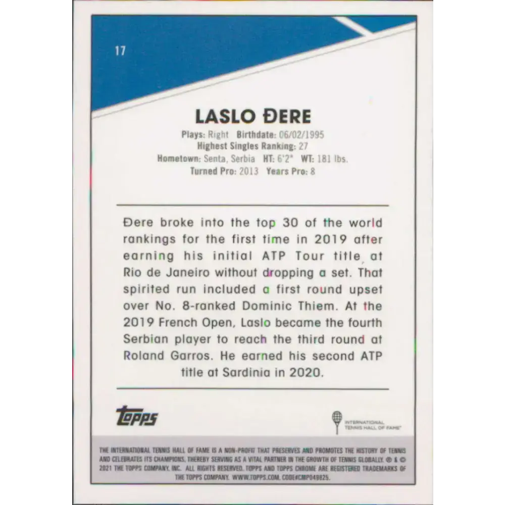 2021 Topps Chrome #17 Laslo Dere NM-MT Tennis Card - Tennis Card Single