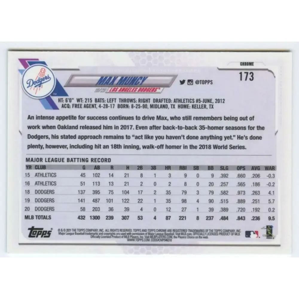 2021 Topps Chrome #173 Max Muncy NM-MT Los Angeles Dodgers Baseball Card - Baseball Card Single