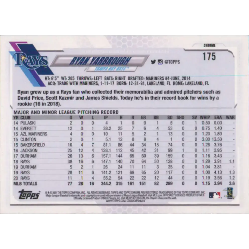 2021 Topps Chrome #175 Ryan Yarbrough NM-MT Tampa Bay Rays Baseball Card - Baseball Card Single
