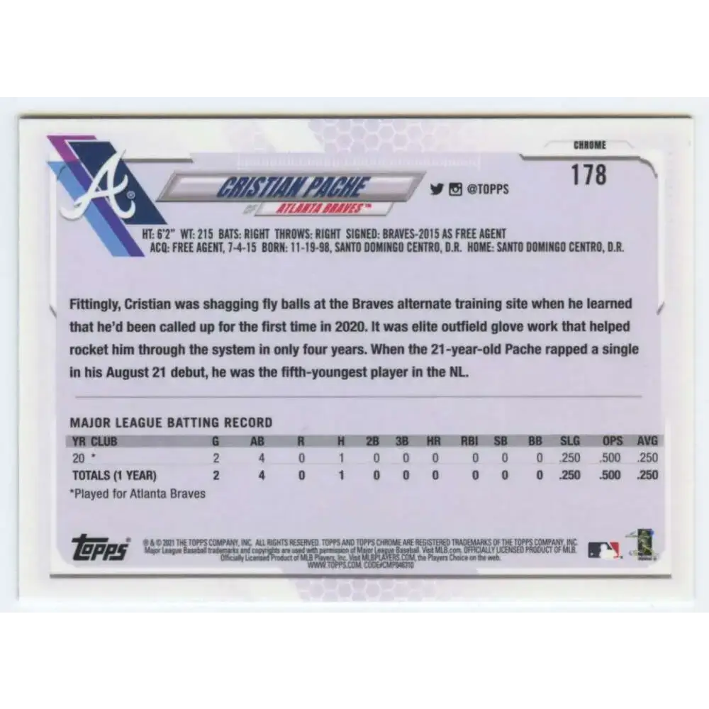 2021 Topps Chrome #178 Cristian Pache NM-MT RC Rookie Atlanta Braves Baseball Card - Baseball Card Single