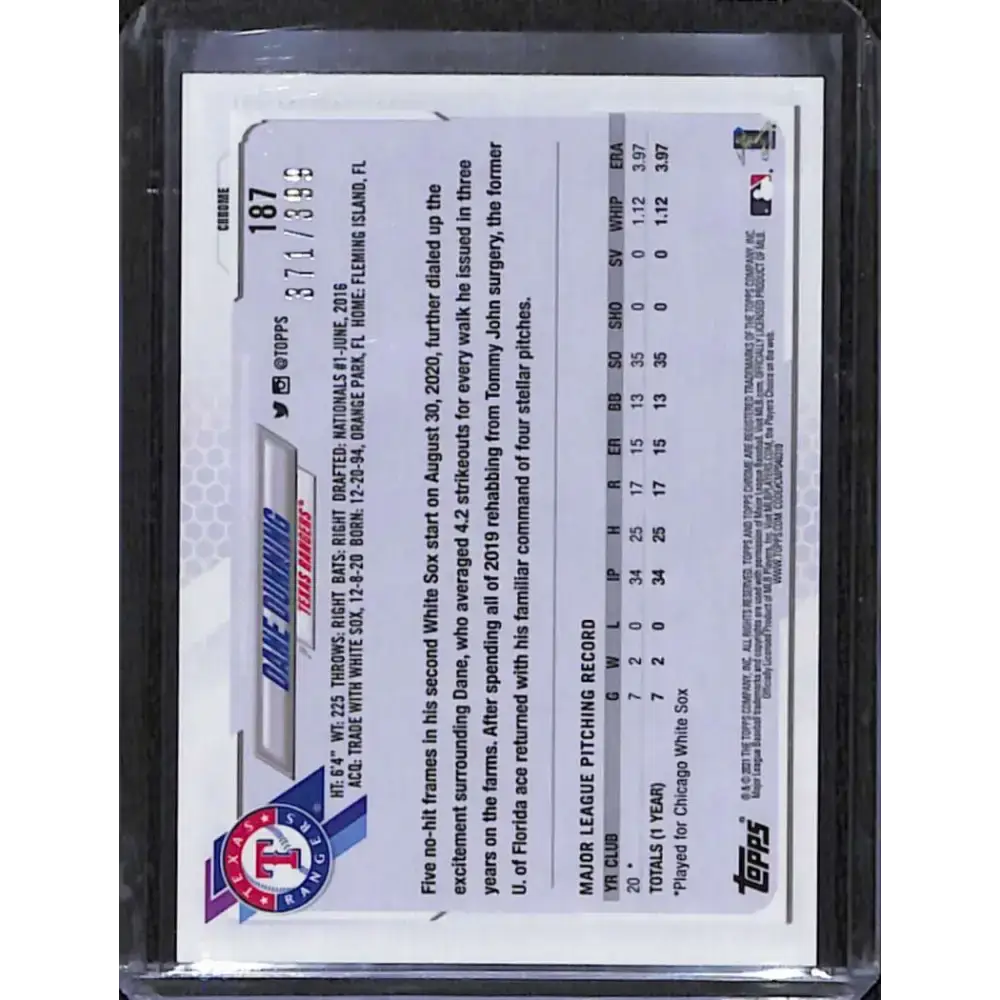2021 Topps Chrome #187 Dane Dunning Magenta Refractor #/399 NM-MT Baseball Card - Baseball Card Single
