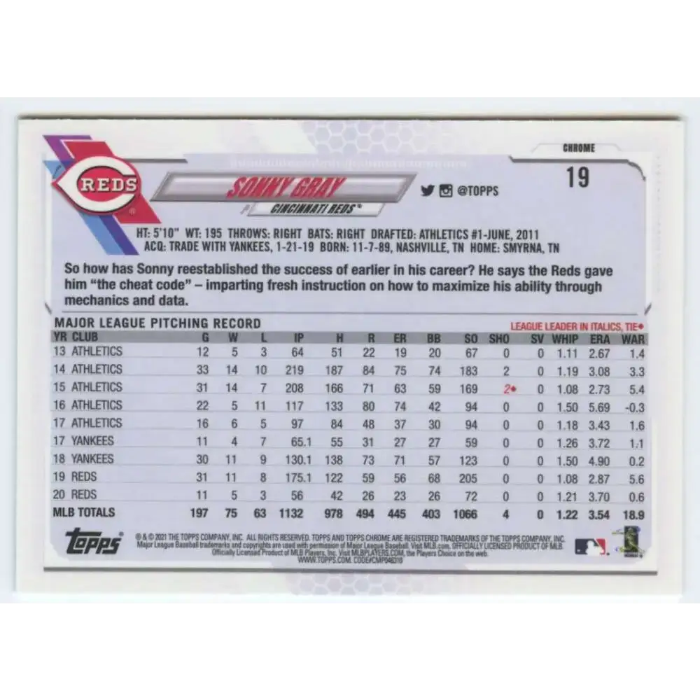 2021 Topps Chrome #19 Sonny Gray NM-MT Cincinnati Reds Baseball Card - Baseball Card Single