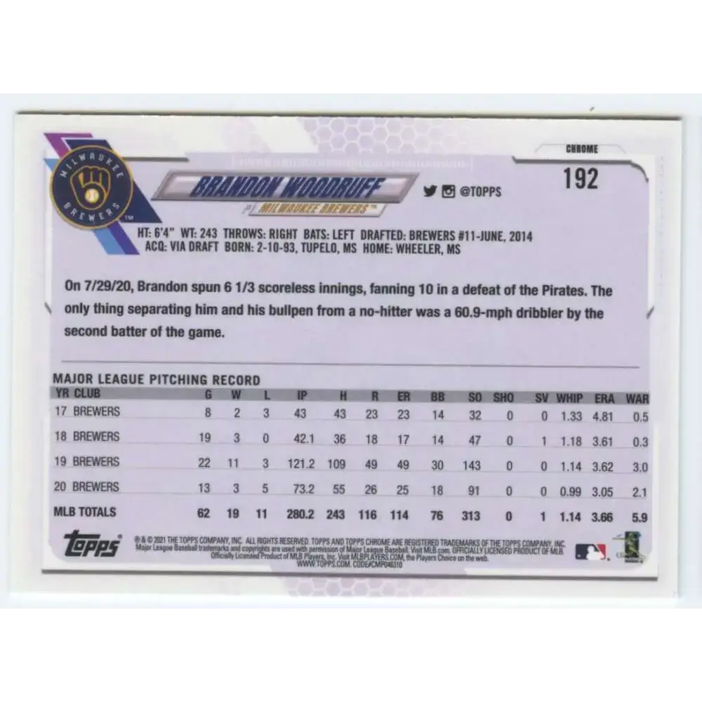 2021 Topps Chrome #192 Brandon Woodruff NM-MT Milwaukee Brewers Baseball Card - Baseball Card Single