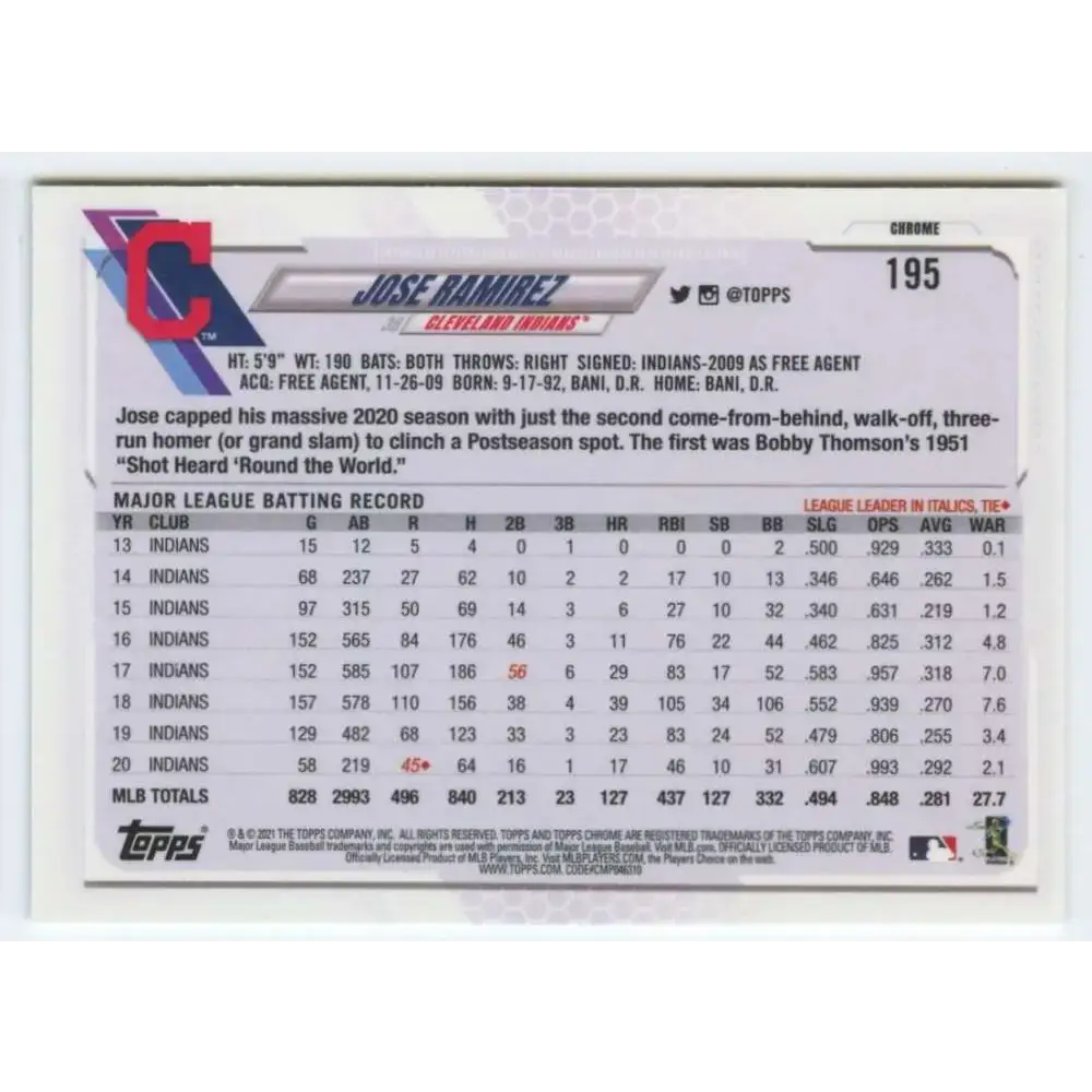 2021 Topps Chrome #195 Jose Ramirez NM-MT Cleveland Indians Baseball Card - Baseball Card Single