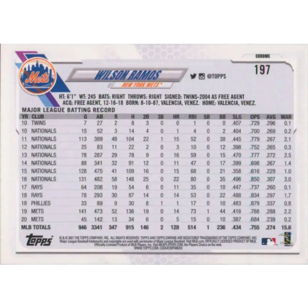 2021 Topps Chrome #197 Wilson Ramos NM-MT New York Mets Baseball Card - Baseball Card Single