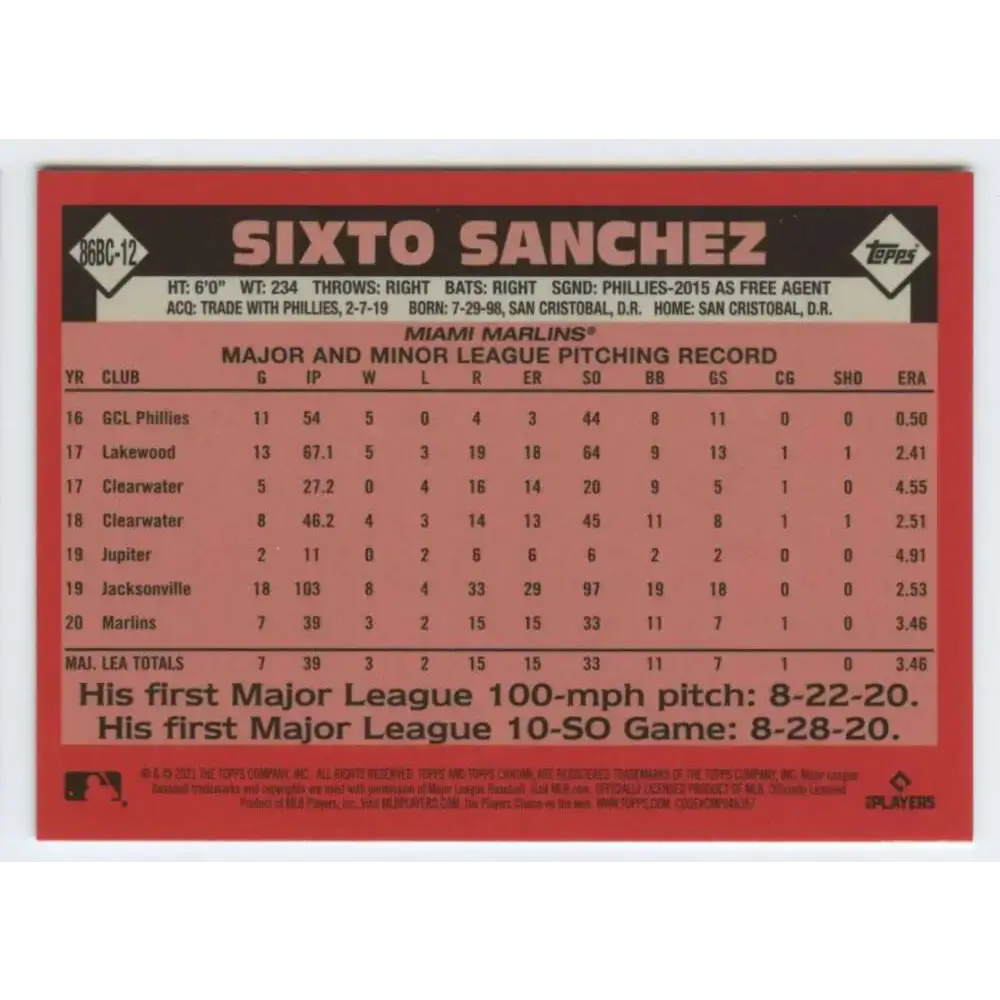 2021 Topps Chrome 1986 Topps Baseball Refractor #86BC-12 Sixto Sanchez NM-MT Miami Marlins Baseball Card - Baseball