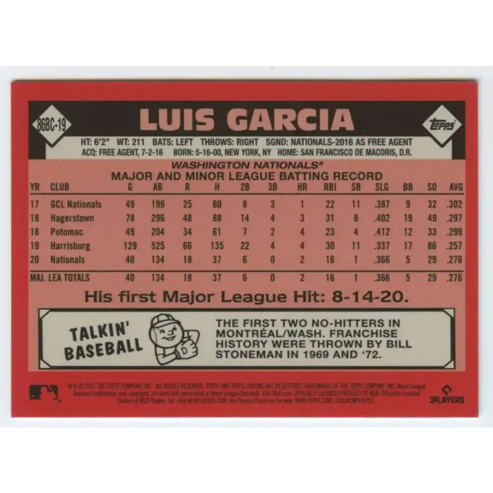 2021 Topps Chrome 1986 Topps Baseball Refractor #86BC-19 Luis Garcia NM-MT Washington Nationals Baseball Card