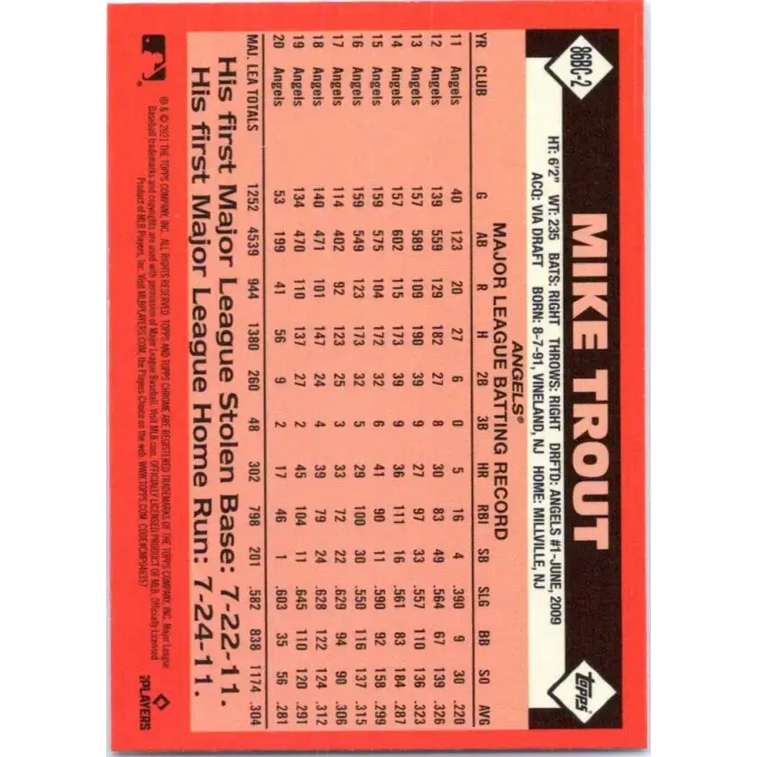 2021 Topps Chrome 1986 Topps Baseball Refractor #86BC-2 Mike Trout NM-MT Los Angeles Angels Baseball Card - Baseball