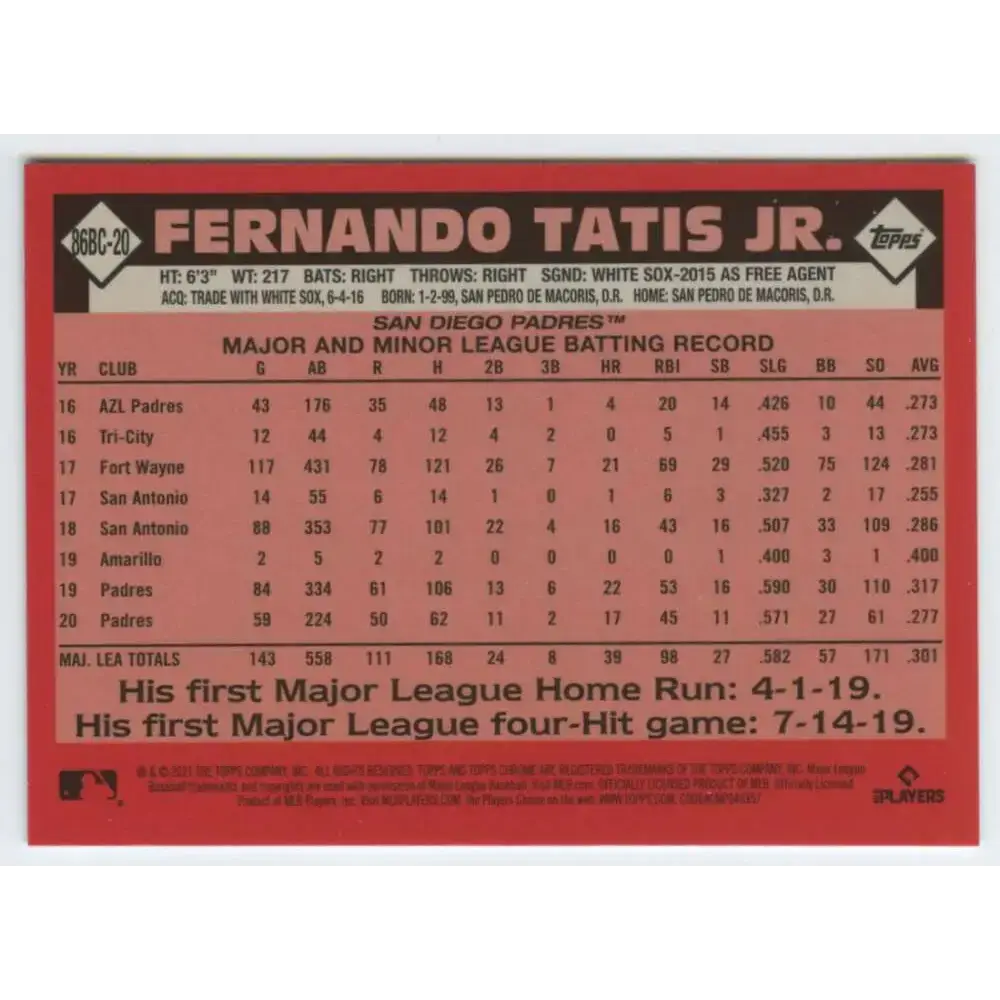 2021 Topps Chrome 1986 Topps Baseball Refractor #86BC-20 Fernando Tatis Jr. NM-MT San Diego Padres Baseball Card