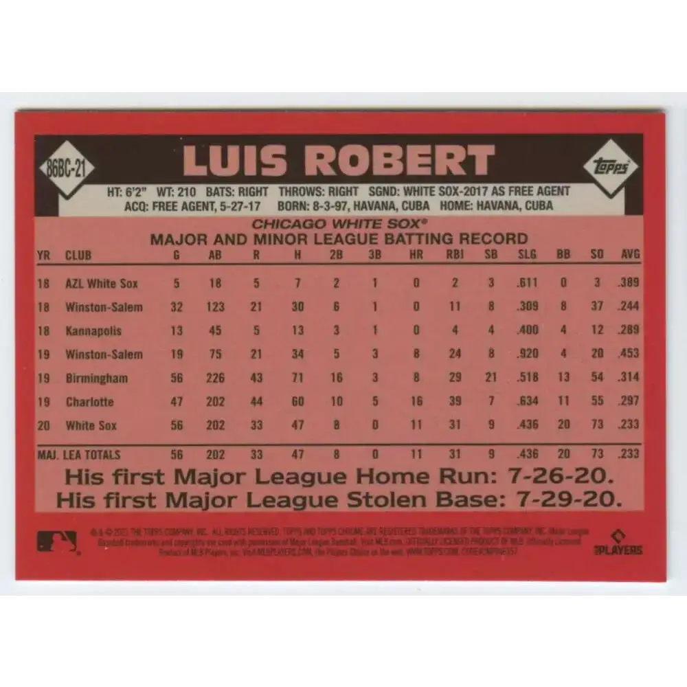 2021 Topps Chrome 1986 Topps Baseball Refractor #86BC-21 Luis Robert NM-MT Chicago White Sox Baseball Card - Baseball