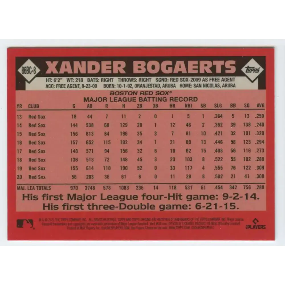 2021 Topps Chrome 1986 Topps Baseball Refractor #86BC-8 Xander Bogaerts NM-MT Boston Red Sox Baseball Card - Baseball