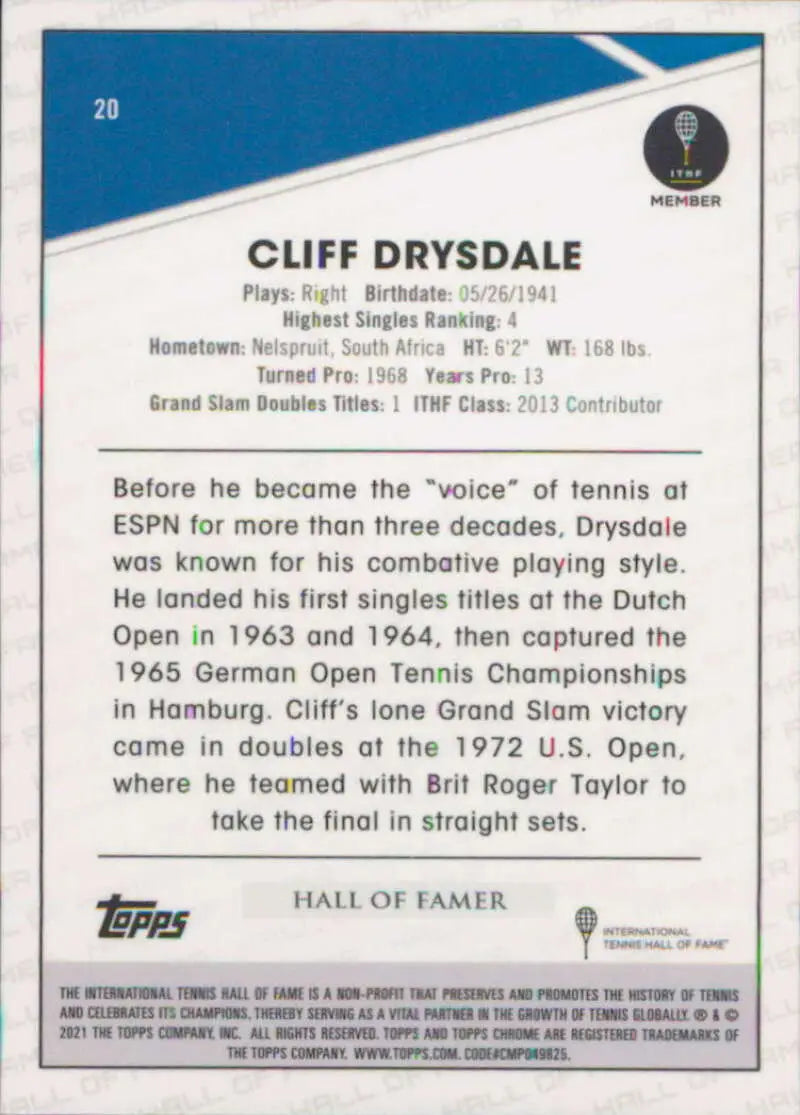2021 Topps Chrome #20 Cliff Drysdale EX Excellent Tennis Card - Other