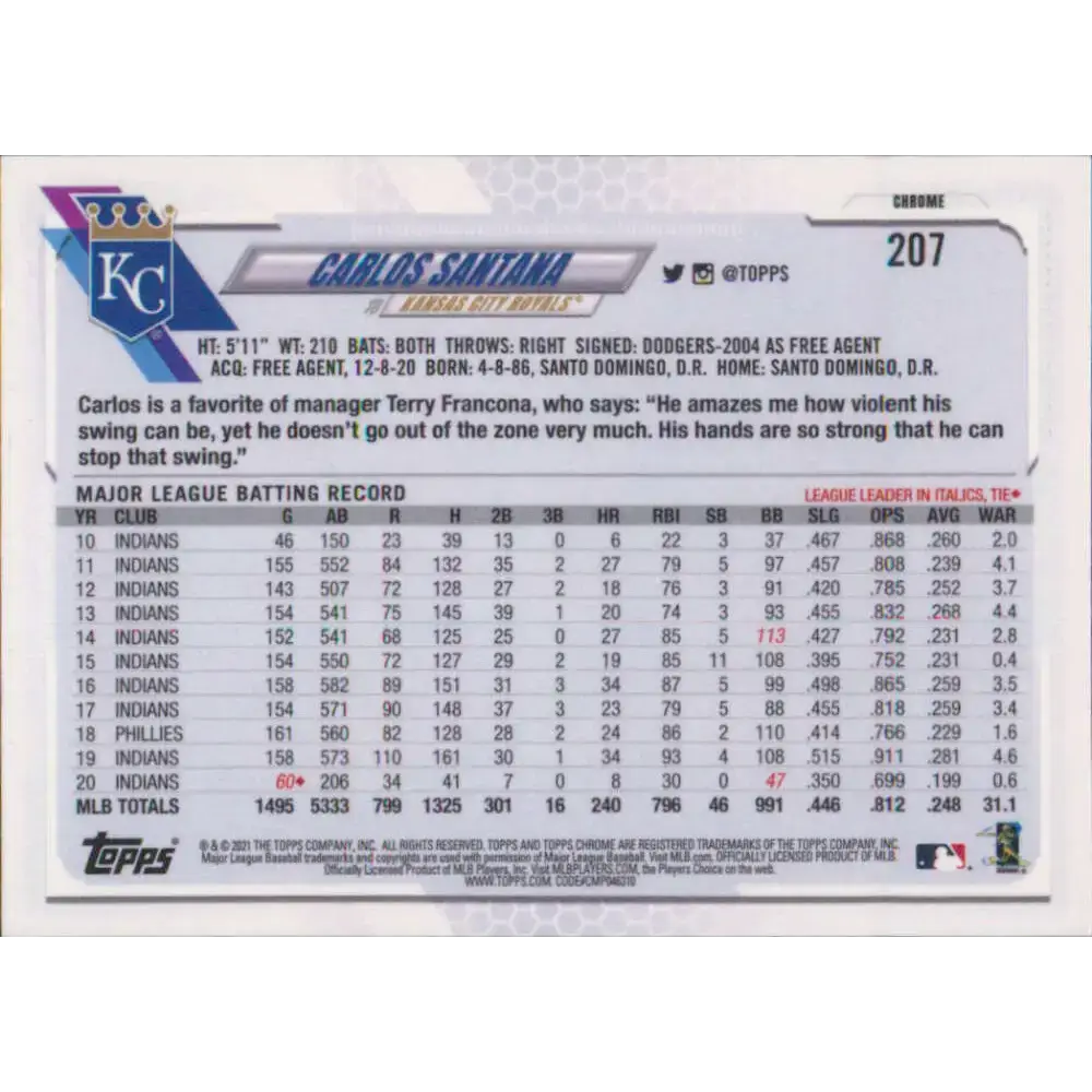 2021 Topps Chrome #207 Carlos Santana NM-MT Kansas City Royals Baseball Card - Baseball Card Single