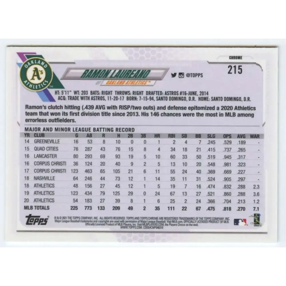 2021 Topps Chrome #215 Ramon Laureano NM-MT Oakland Athletics Baseball Card - Baseball Card Single