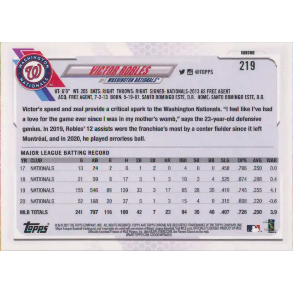2021 Topps Chrome #219 Victor Robles NM-MT Washington Nationals Baseball Card - Baseball Card Single