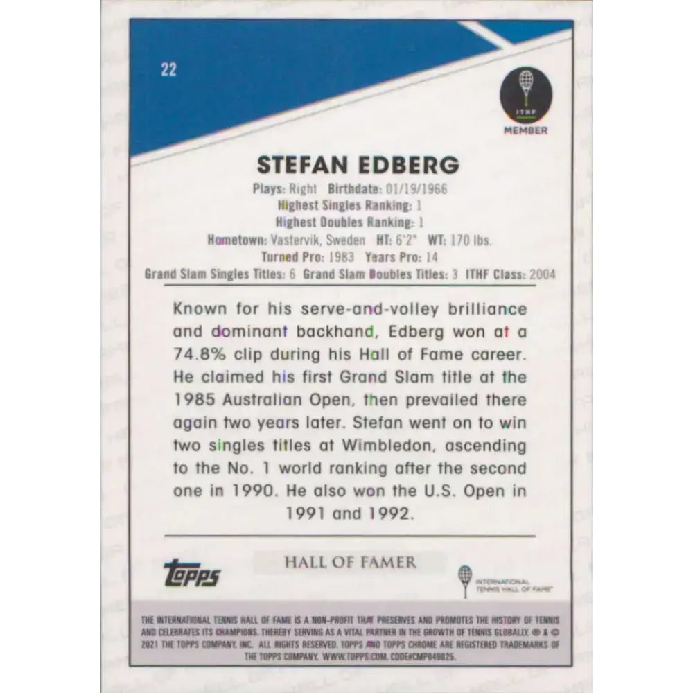 2021 Topps Chrome #22 Stefan Edberg NM-MT Tennis Card - Other