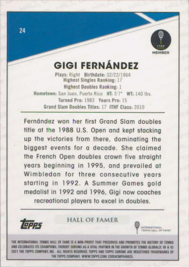 2021 Topps Chrome #24 Gigi Fernandez EX Excellent Tennis Card - Other