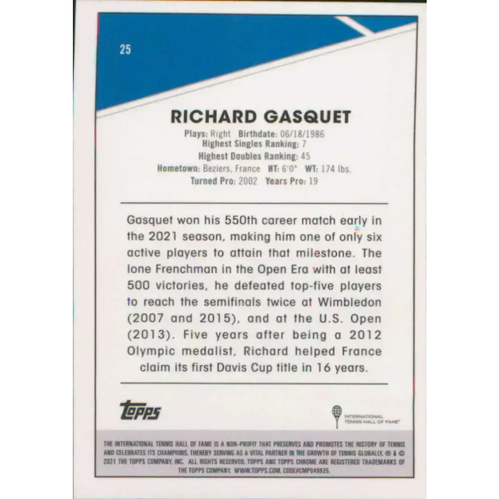 2021 Topps Chrome #25 Richard Gasquet NM-MT Tennis Card - Other