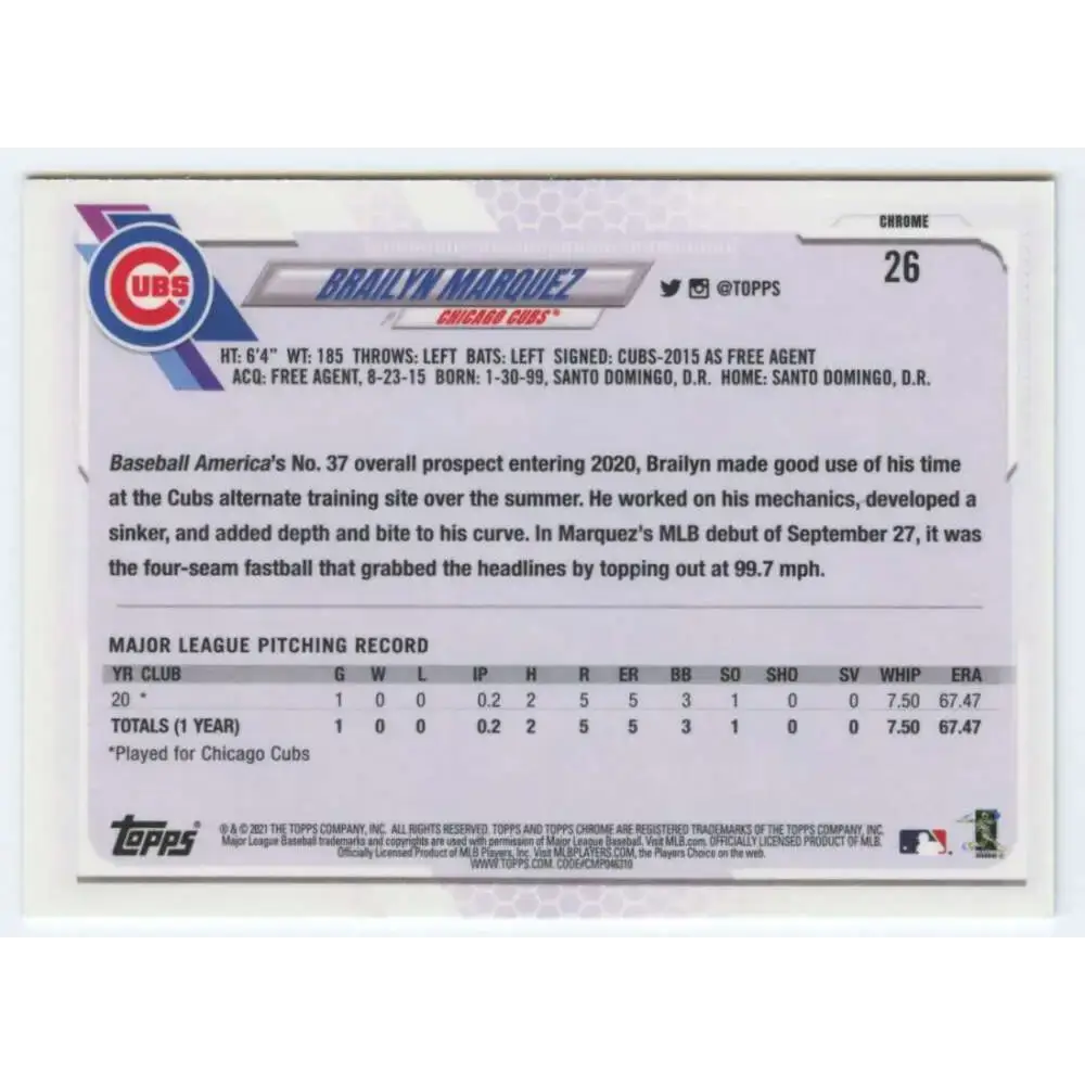 2021 Topps Chrome #26 Brailyn Marquez NM-MT RC Rookie Chicago Cubs Baseball Card - Baseball Card Single
