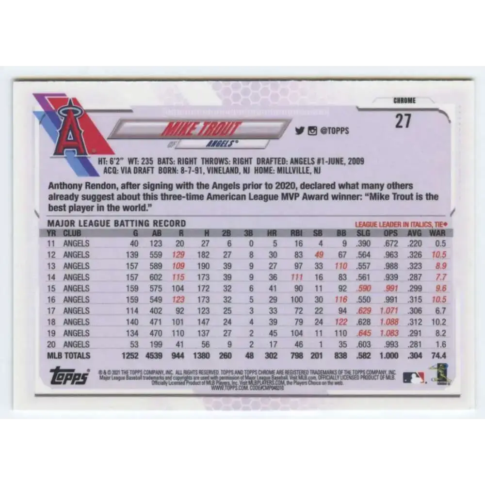 2021 Topps Chrome #27 Mike Trout NM-MT Los Angeles Angels Baseball Card - Baseball Card Single
