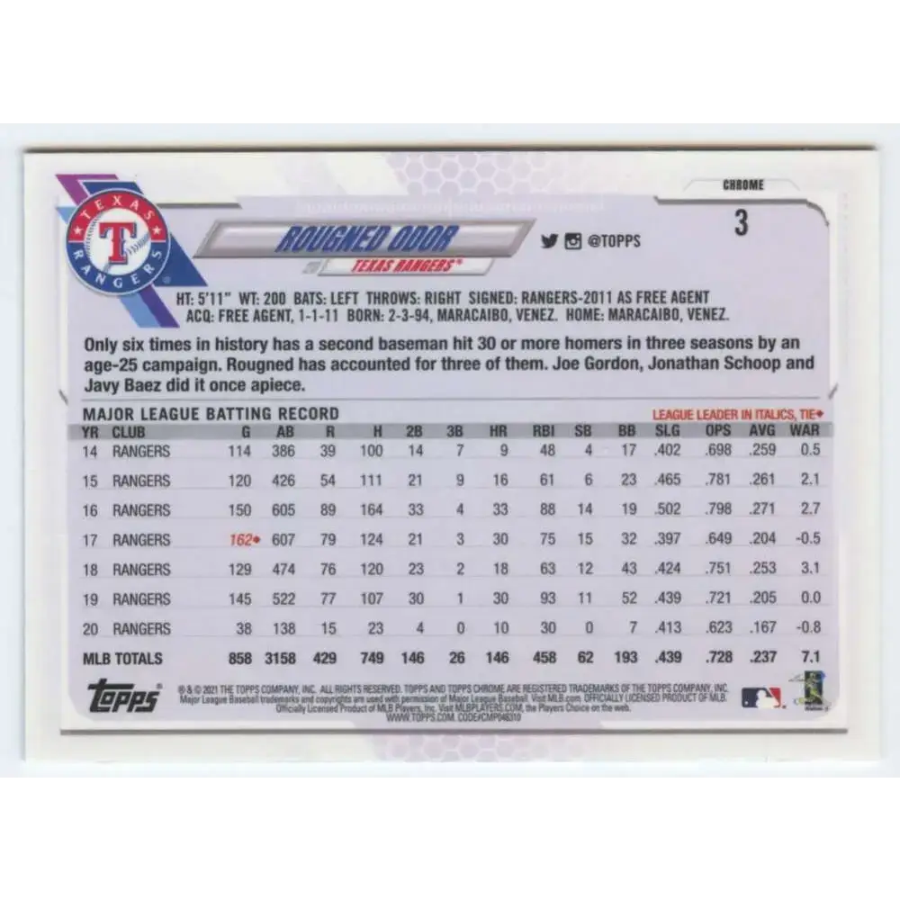 2021 Topps Chrome #3 Rougned Odor NM-MT Texas Rangers Baseball Card - Baseball Card Single