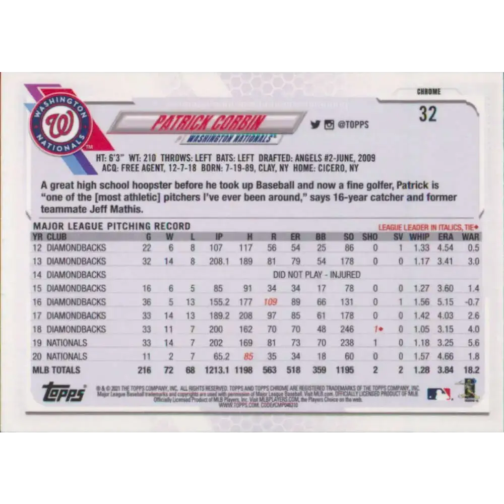 2021 Topps Chrome #32 Patrick Corbin NM-MT Washington Nationals Baseball Card - Baseball Card Single