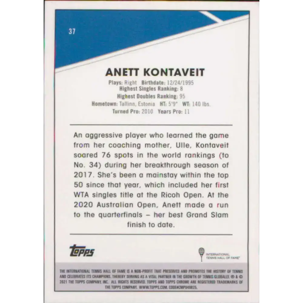 2021 Topps Chrome #37 Anett Kontaveit NM-MT Tennis Card - Other