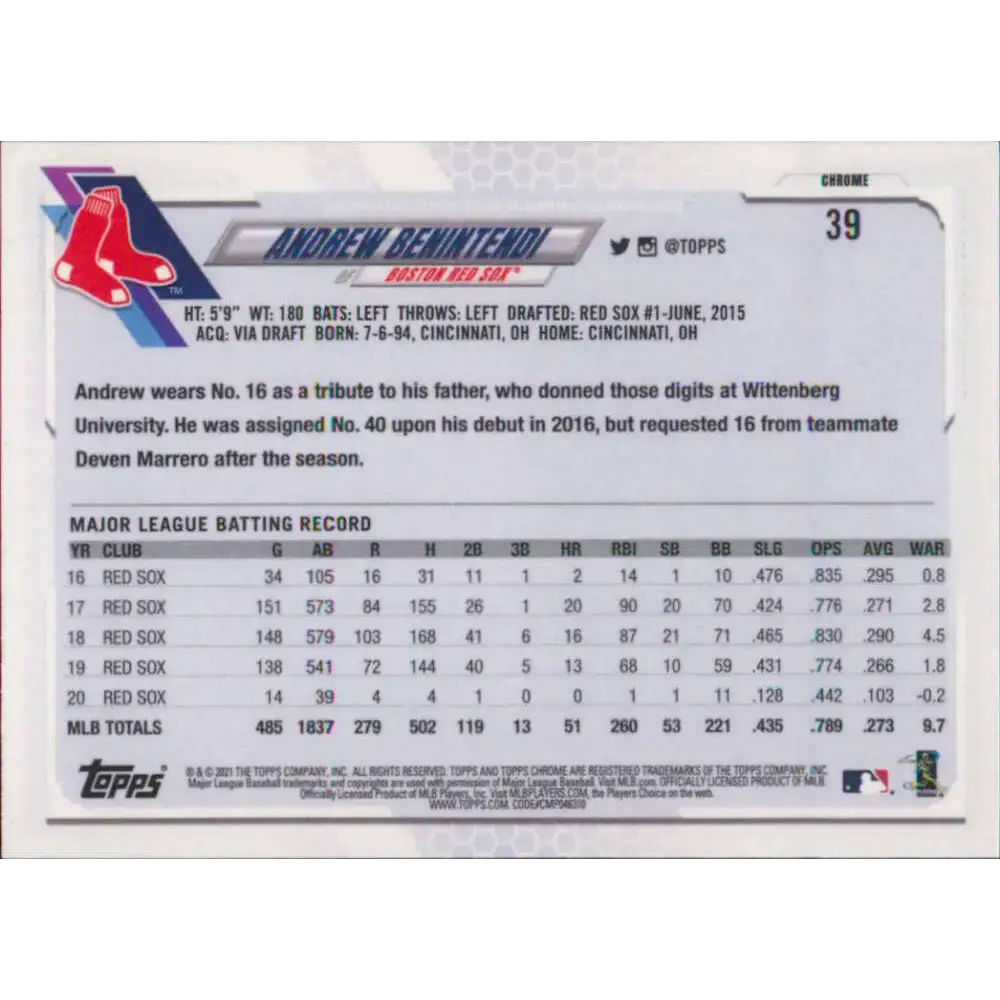 2021 Topps Chrome #39 Andrew Benintendi NM-MT Boston Red Sox Baseball Card - Baseball Card Single
