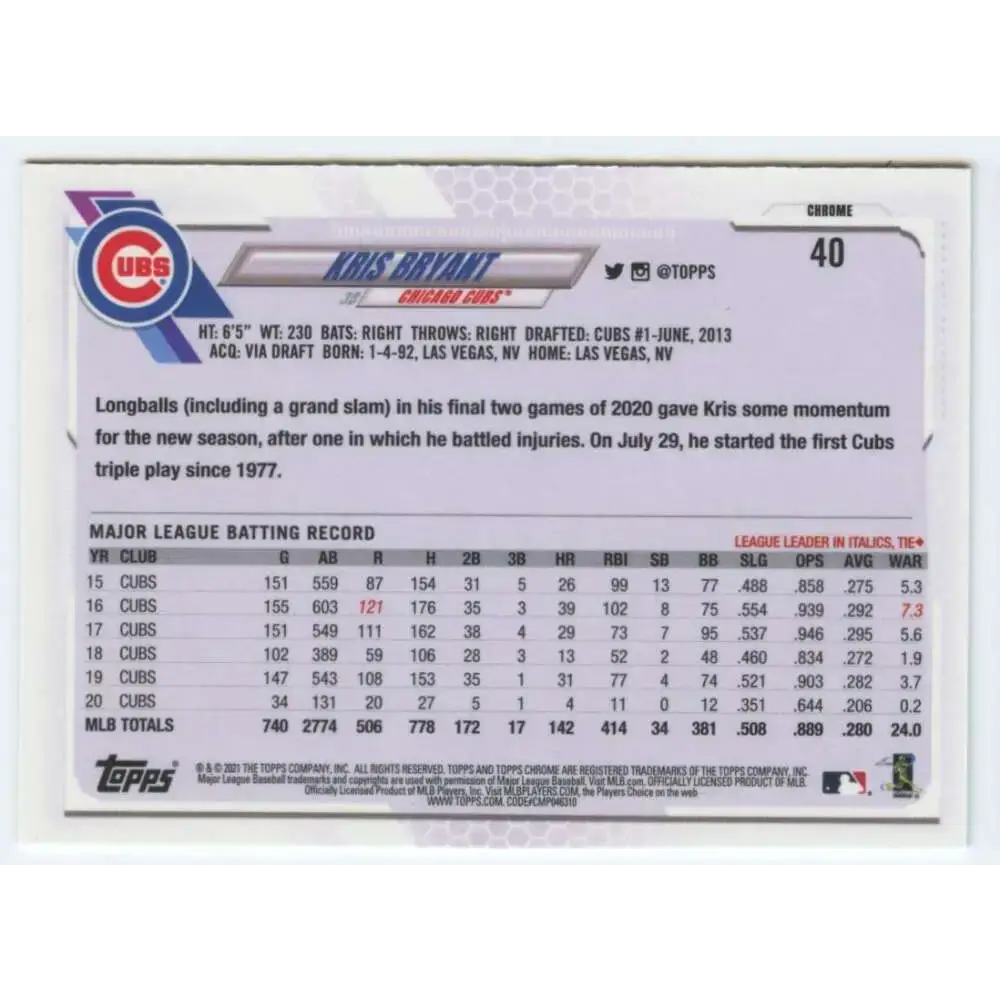 2021 Topps Chrome #40 Kris Bryant NM-MT Chicago Cubs Baseball Card - Baseball Card Single
