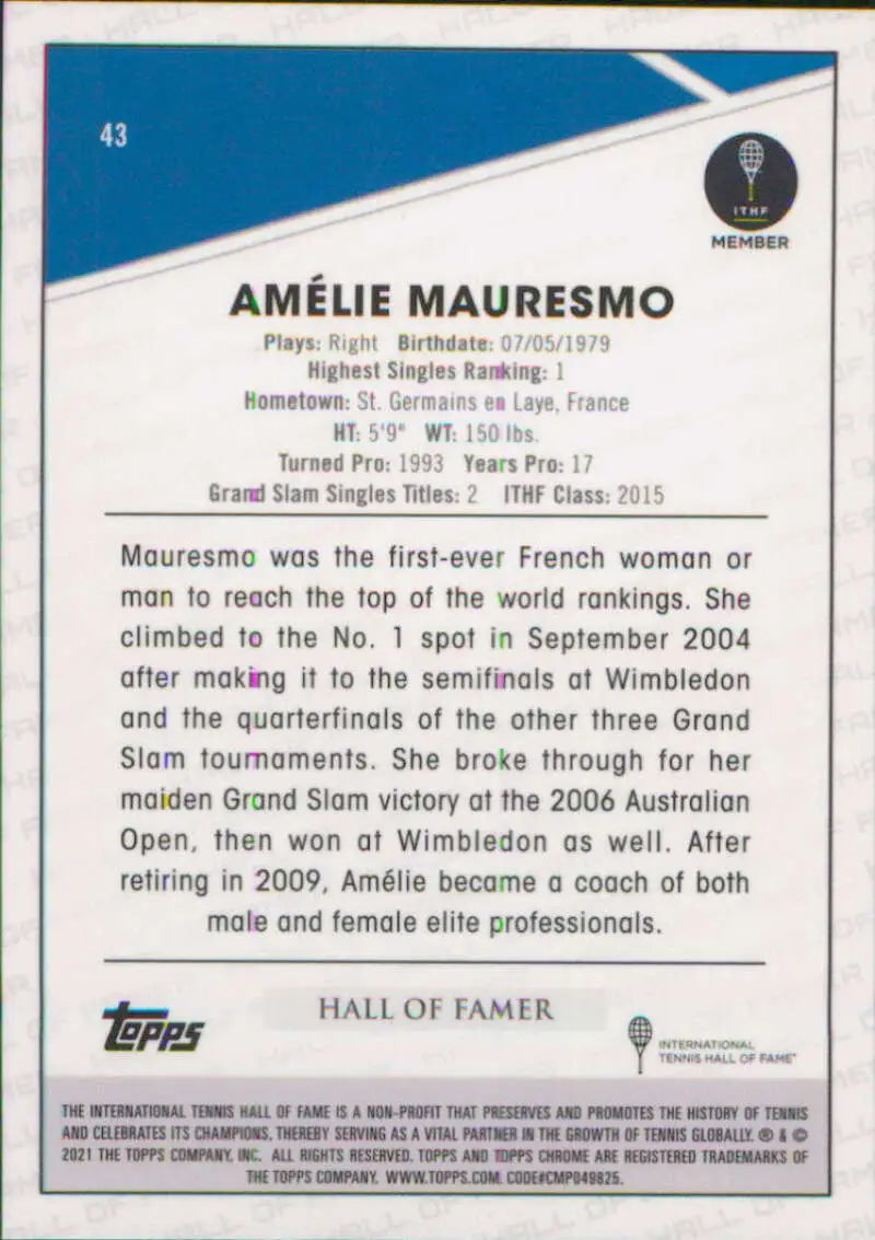 2021 Topps Chrome #43 Amelie Mauresmo EX Excellent Tennis Card - Other