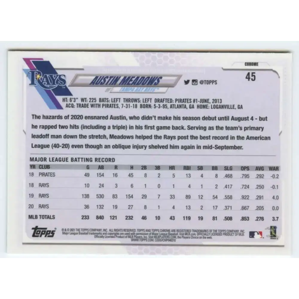 2021 Topps Chrome #45 Austin Meadows NM-MT Tampa Bay Rays Baseball Card - Baseball Card Single