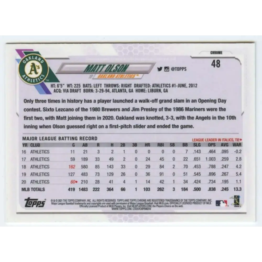 2021 Topps Chrome #48 Matt Olson NM-MT Oakland Athletics Baseball Card - Baseball Card Single
