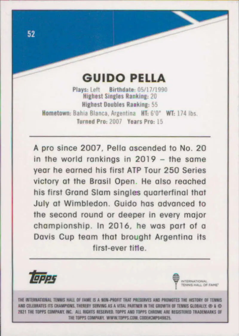 2021 Topps Chrome #52 Guido Pella EX Excellent Tennis Card - Tennis Card Single