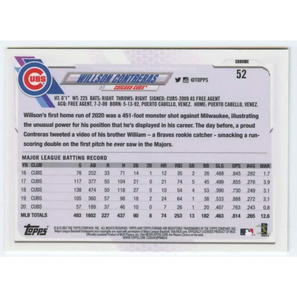 2021 Topps Chrome #52 Willson Contreras NM-MT Chicago Cubs Baseball Card - Baseball Card Single