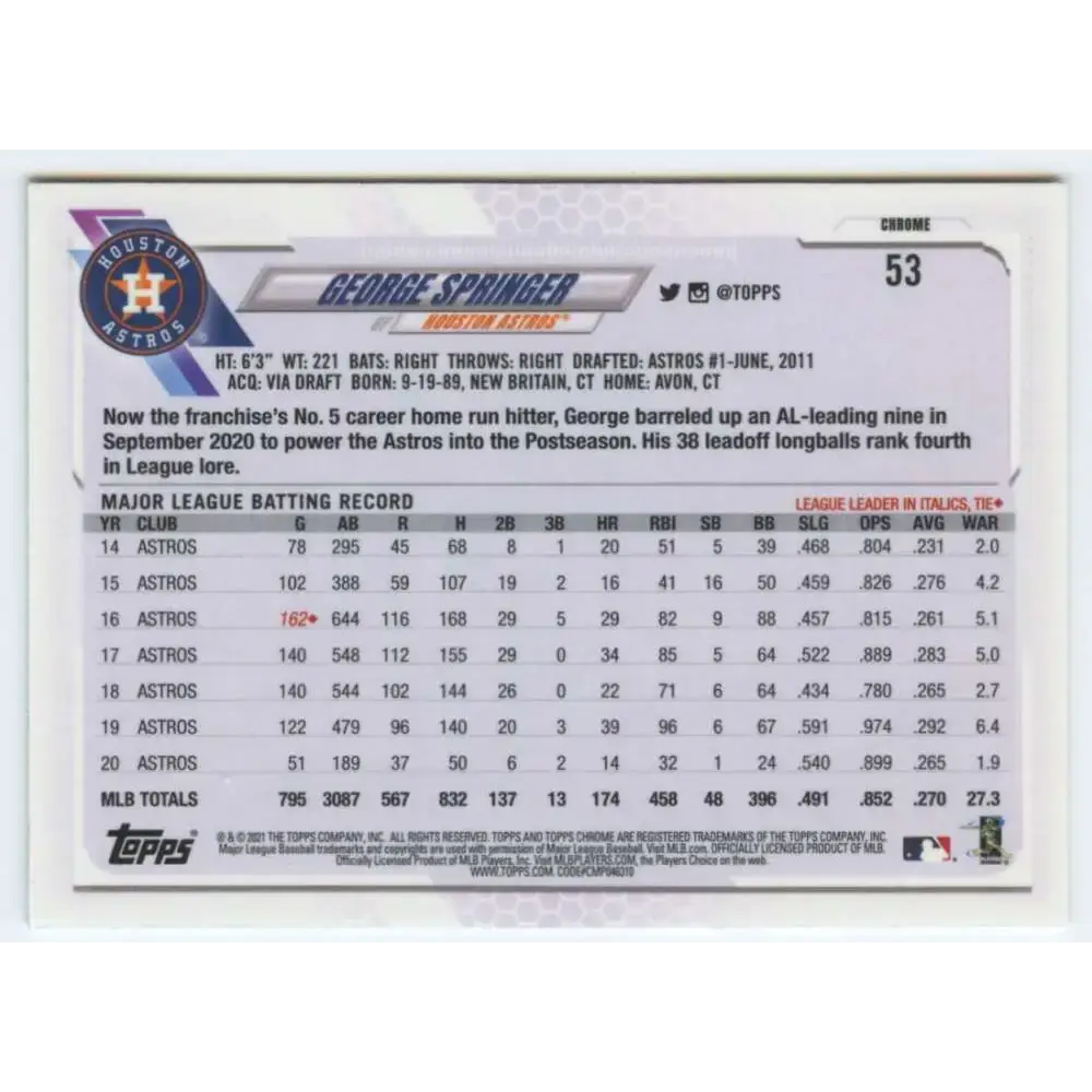 2021 Topps Chrome #53 George Springer NM-MT Houston Astros Baseball Card - Baseball Card Single
