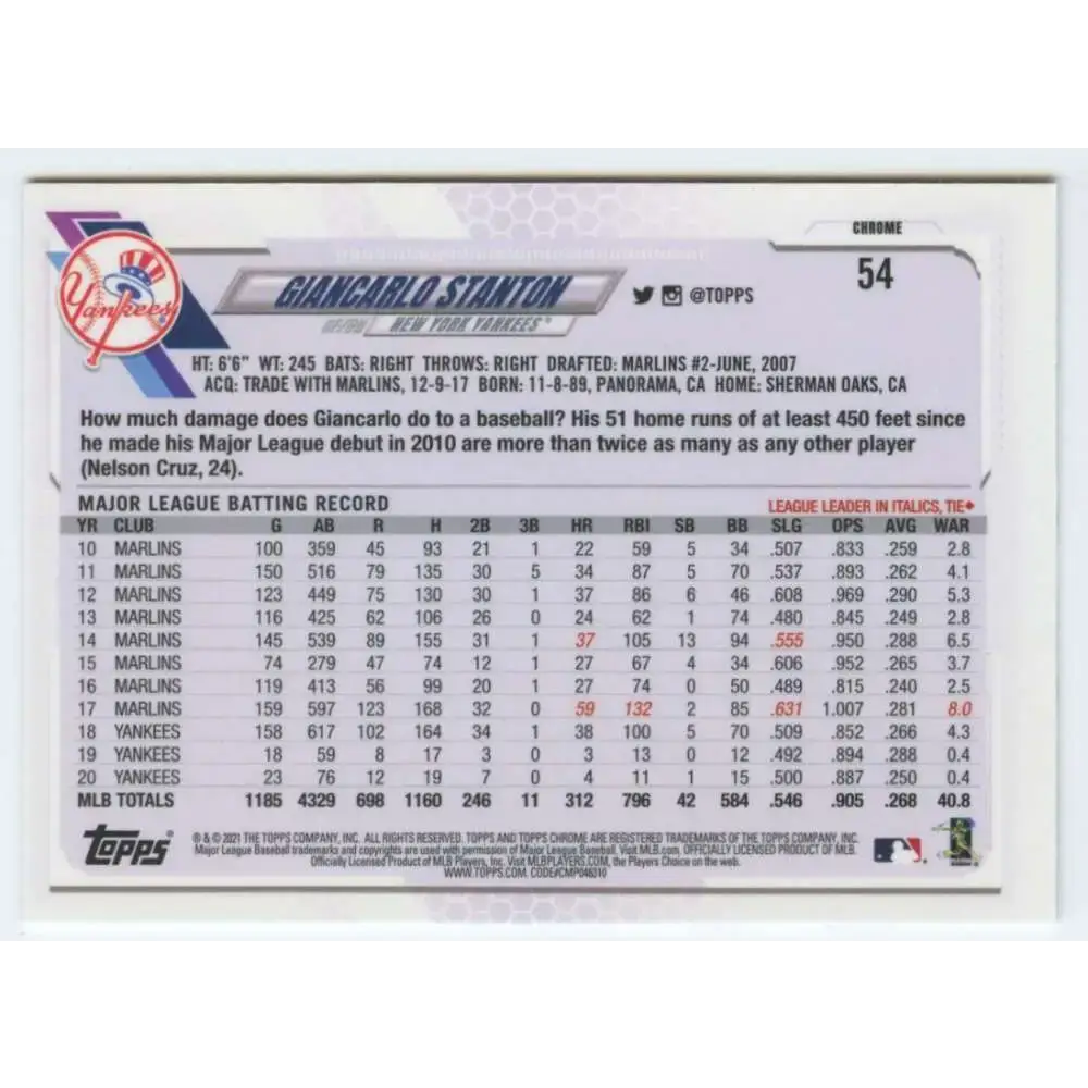 2021 Topps Chrome #54 Giancarlo Stanton NM-MT New York Yankees Baseball Card - Baseball Card Single