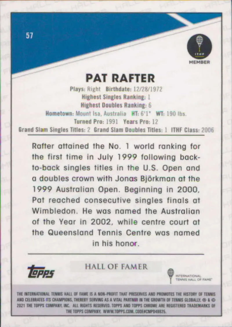 2021 Topps Chrome #57 Pat Rafter EX Excellent Tennis Card - Tennis Card Single