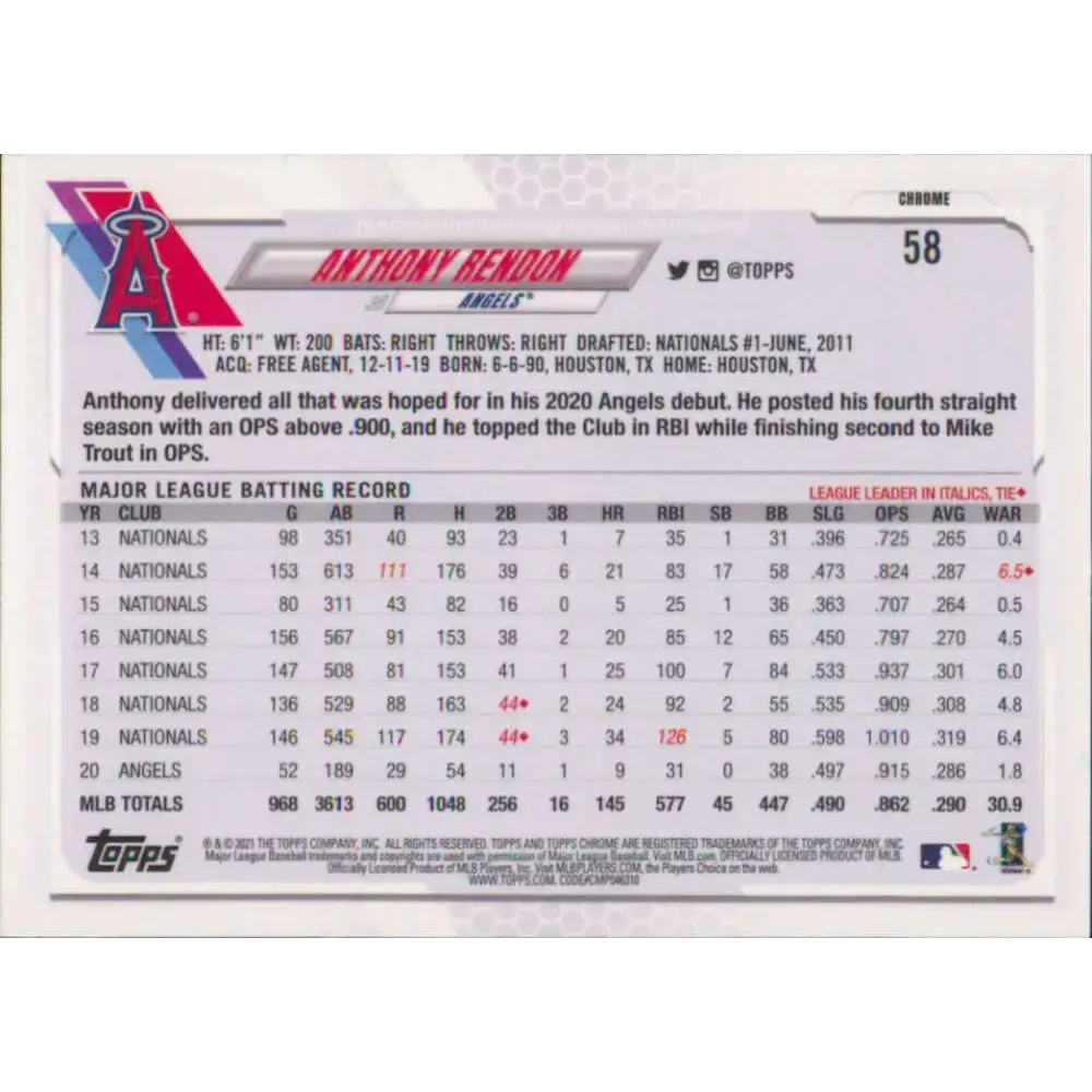 2021 Topps Chrome #58 Anthony Rendon NM-MT Los Angeles Angels Baseball Card - Baseball Card Single