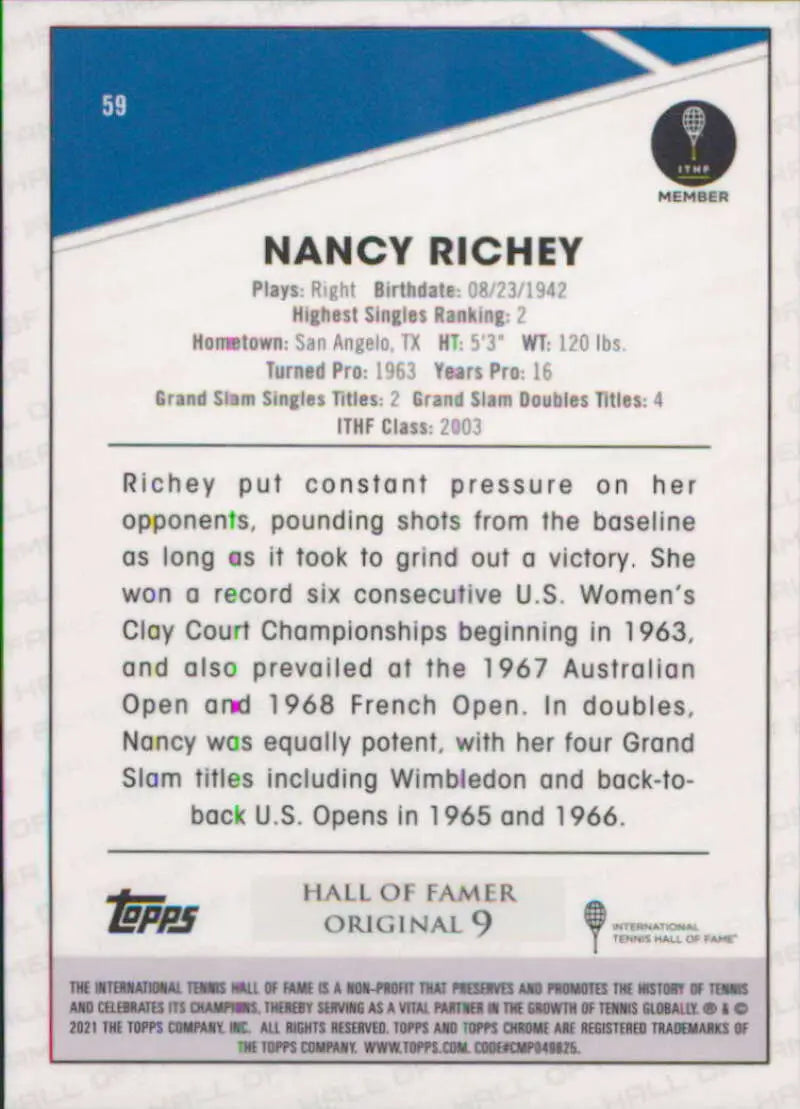 2021 Topps Chrome #59 Nancy Richey EX Excellent Tennis Card - Other