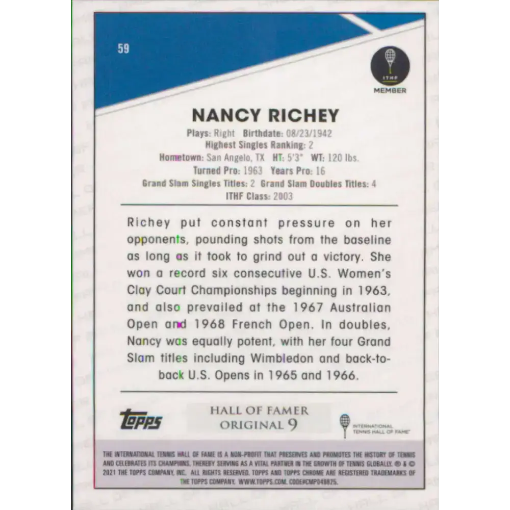 2021 Topps Chrome #59 Nancy Richey NM-MT Tennis Card - Tennis Card Single