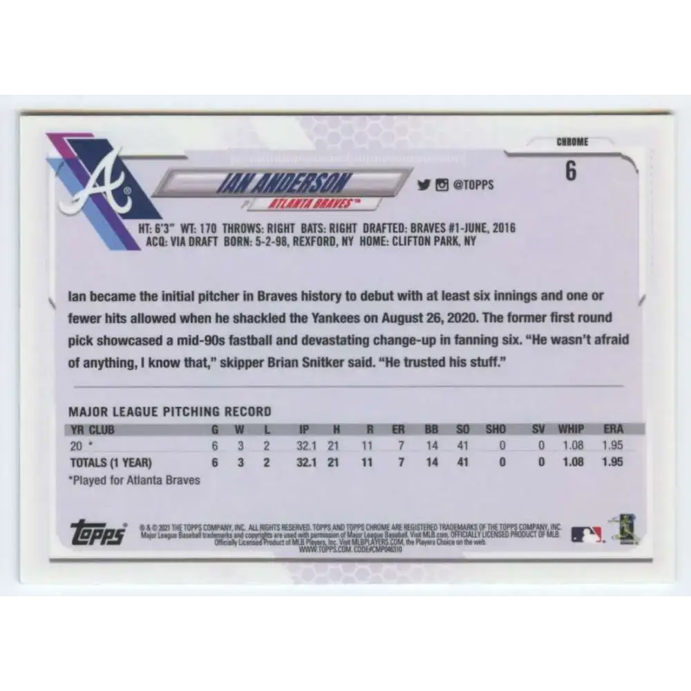 2021 Topps Chrome #6 Ian Anderson NM-MT RC Rookie Atlanta Braves Baseball Card - Baseball Card Single