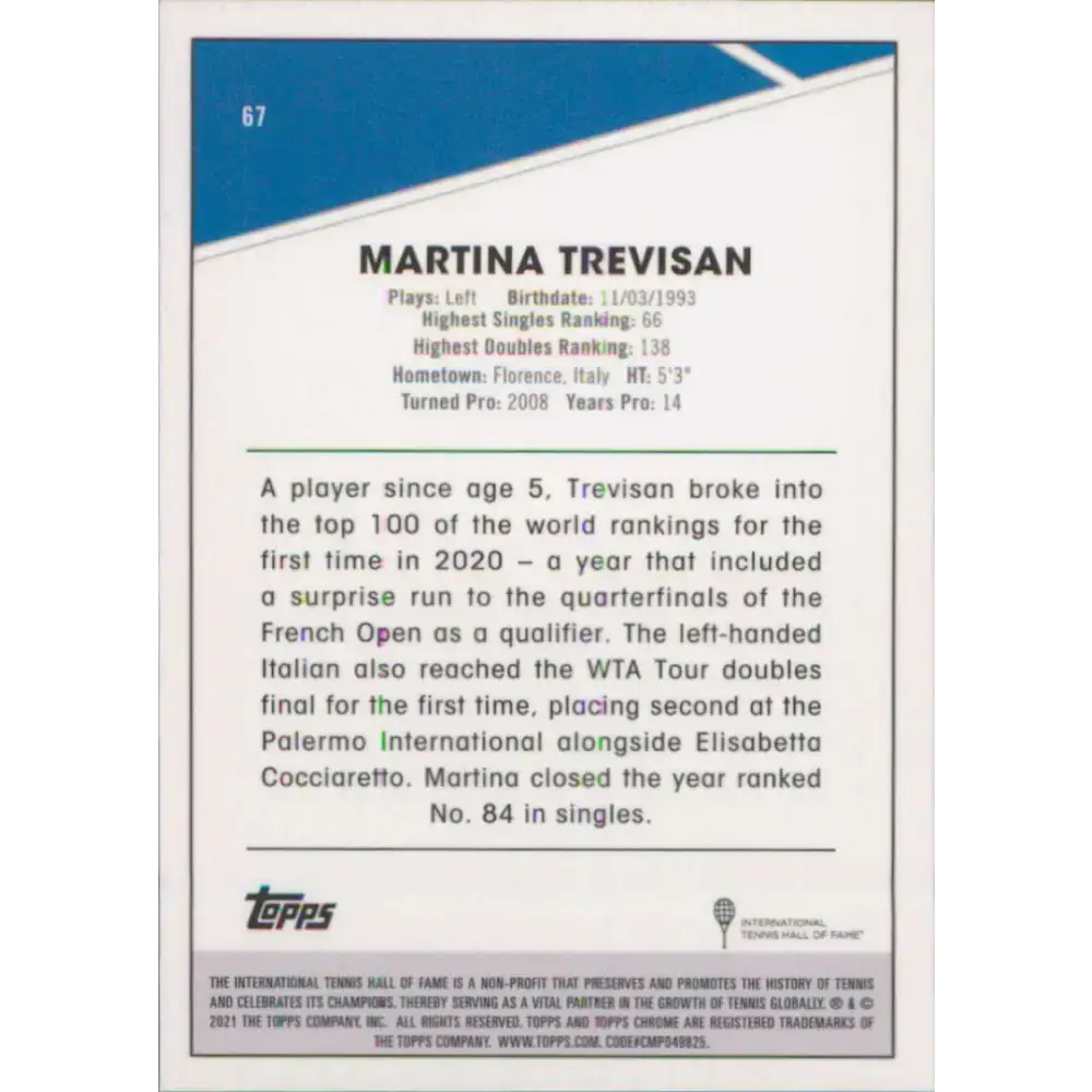 2021 Topps Chrome #67 Martina Trevisan NM-MT Tennis Card - Other