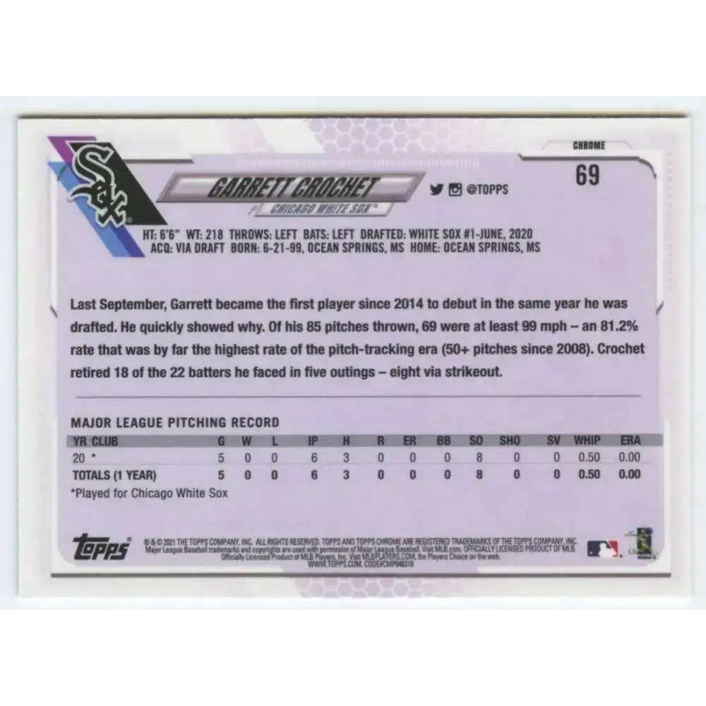 2021 Topps Chrome #69 Garrett Crochet NM-MT RC Rookie Chicago White Sox Baseball Card - Baseball Card Single